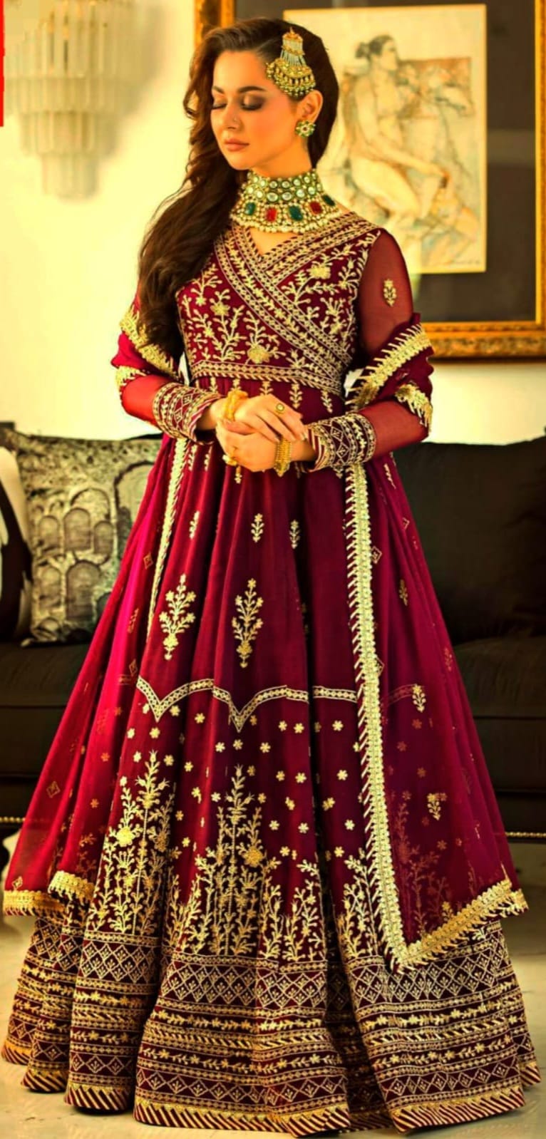 deep maroon velvet Anarkali gown