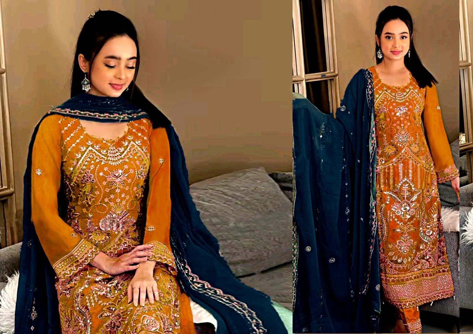 rich mustard and navy blue traditional salwar kameez
